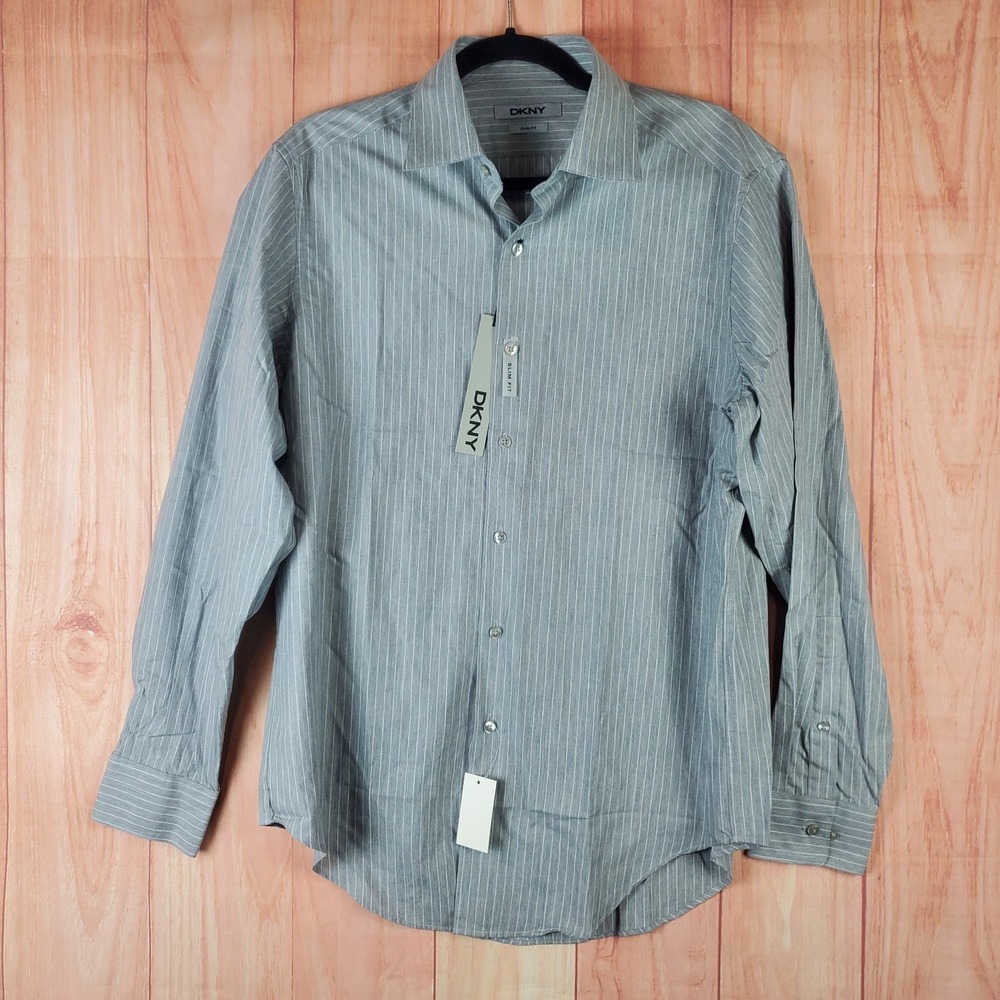DKNY Dress Shirt Mens Sz 15.5 Gray Striped Slim Fit Oxford Business Formal